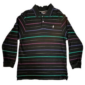 Payne Stewart Legacy Black & Multicolor Stripes Long Sleeve Polo‎ Shirt Men's L